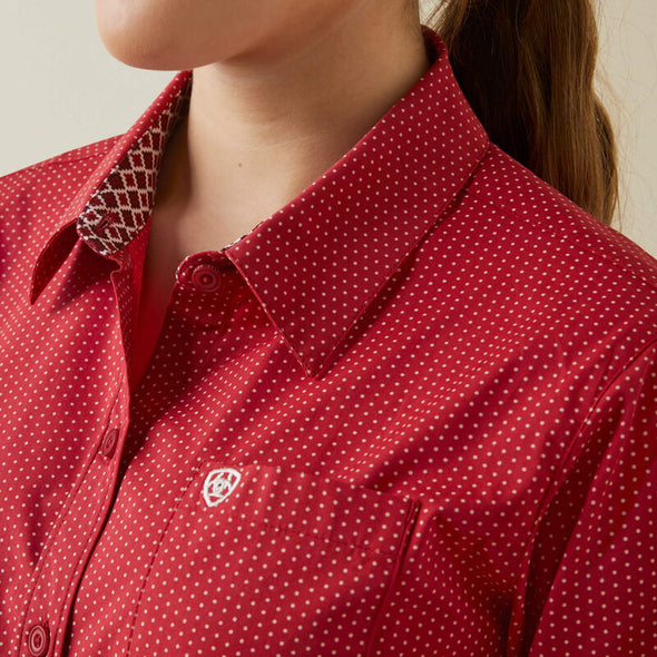 Ariat Ladies Curvy Fit Wrinkle Resistant Kirby Stretch LS Shirt - Cardinal Dot