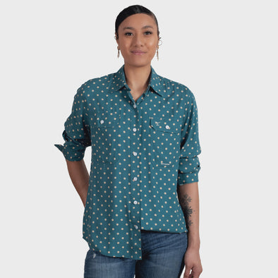 JC Abby Full Button L/S Work Shirt - Atlantic Blue Spots