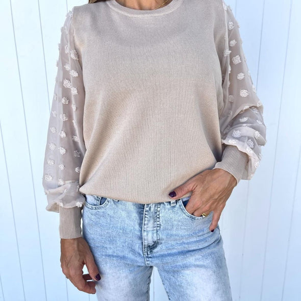 Anna Nova - Pom Pom Knit L/S Top Sheer Arm Natural