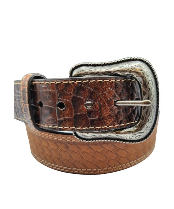 Roper Men's 1.1/2 Leather Basket Weave Embossed with Croc Tabs Belt - Brown