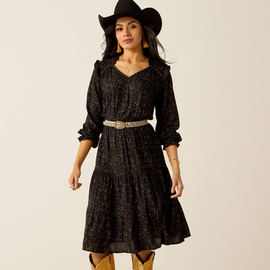Ariat Ladies Blinged Out L.S Dress - Golden Horseshoes Print