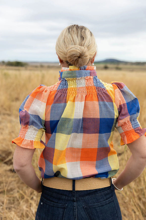 Black Colt Short Sleeve  Blouse - Blue/Orange/Lemon