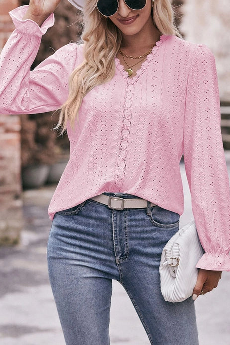 Ladies Eyelet Lace Blouse Crochet Puff Sleeve Top - Pink