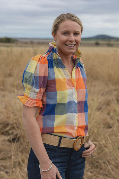 Black Colt Short Sleeve  Blouse - Blue/Orange/Lemon