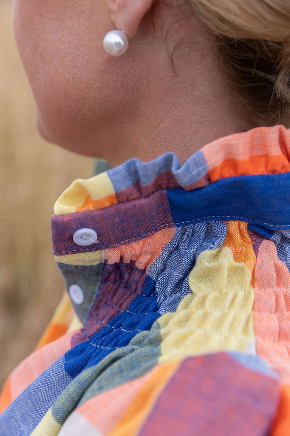 Black Colt Short Sleeve  Blouse - Blue/Orange/Lemon