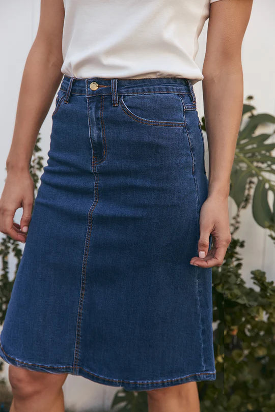 Adrift A-Line Short Denim Skirt - Mid Wash