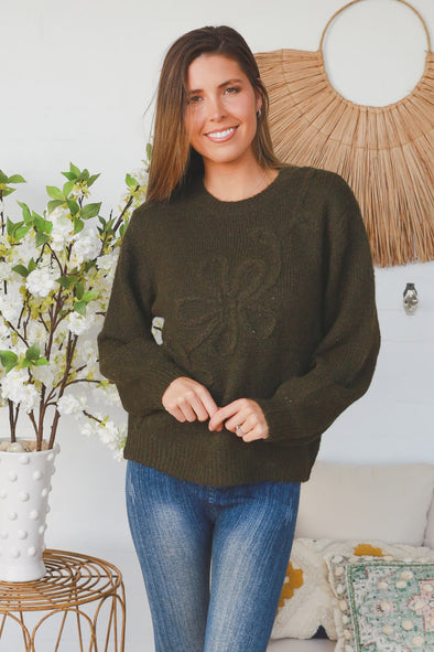 Daisy Embroidered Knit Jumper - Green
