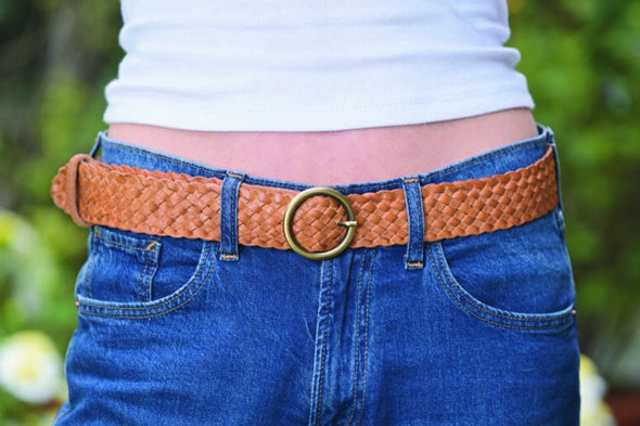 Plaited Washed Leather Belt - Tan
