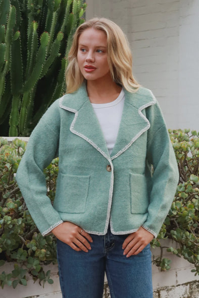 Isla Blanket Stitch Cardigan - Mint