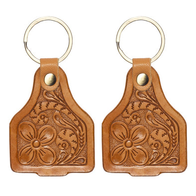 Floral Tooled Leather Cattle Tag Keyring