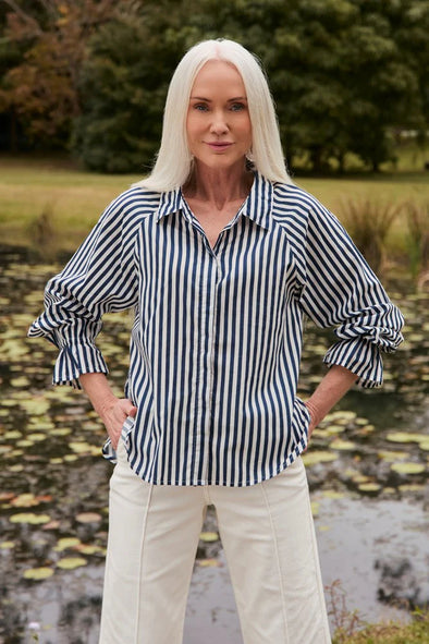 Adrift Ebony Frill Cuff Shirt - Navy Stripe