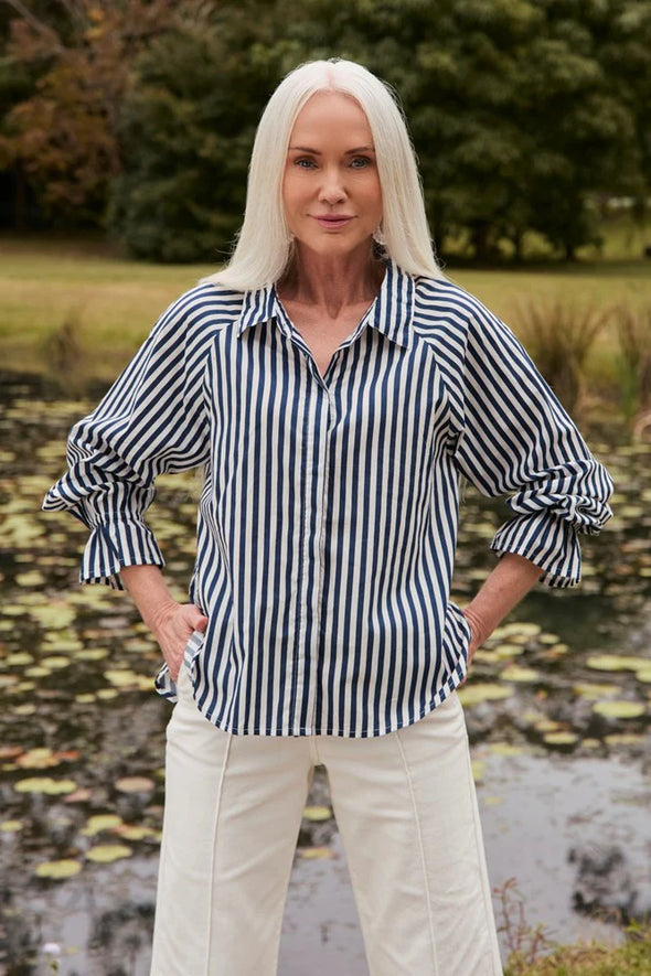 Adrift Ebony Frill Cuff Shirt - Navy Stripe