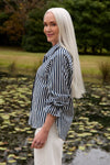 Adrift Ebony Frill Cuff Shirt - Navy Stripe