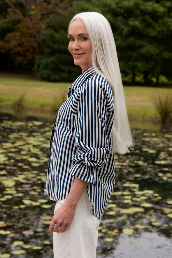 Adrift Ebony Frill Cuff Shirt - Navy Stripe