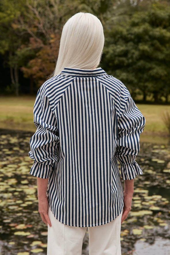 Adrift Ebony Frill Cuff Shirt - Navy Stripe