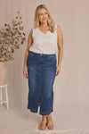Adrift Denim Long Split Skirt - Mid Wash
