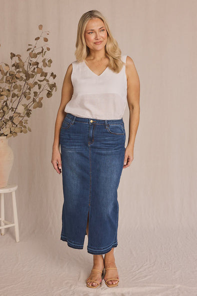 Adrift Denim Long Split Skirt - Mid Wash
