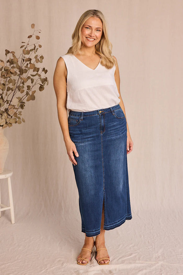 Adrift Denim Long Split Skirt - Mid Wash