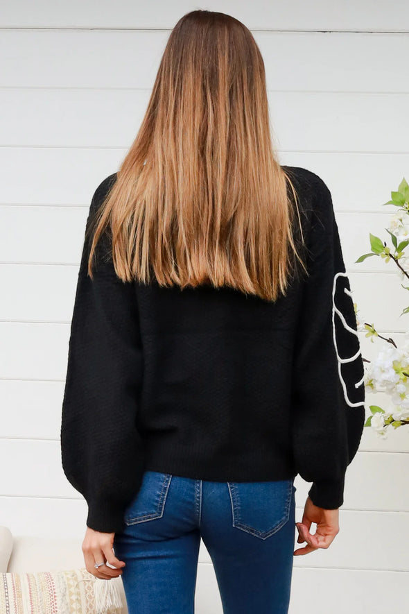 Ava Embroidered Knit Jumper - Black