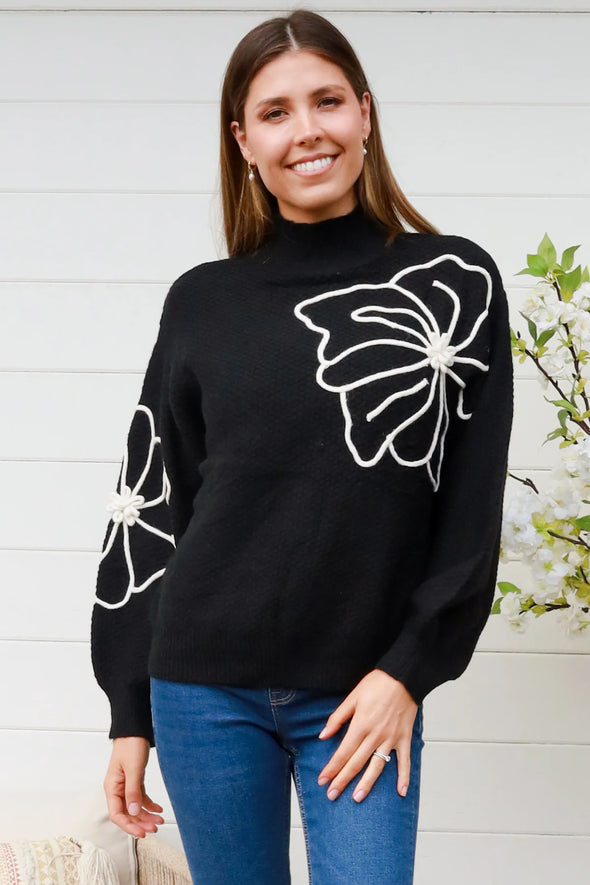Ava Embroidered Knit Jumper - Black