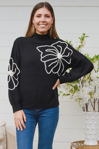 Ava Embroidered Knit Jumper - Black