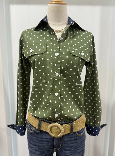 Just Country Abbey Full Button Shirt - Cedar Green Dots/Navy Dots