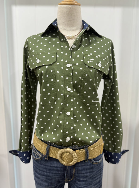 Just Country Abbey Full Button Shirt - Cedar Green Dots/Navy Dots