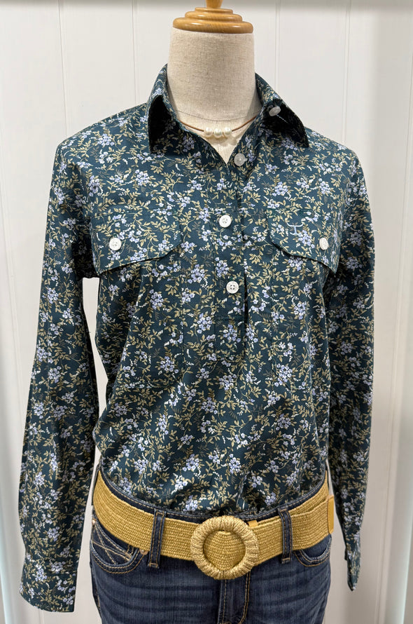 Just Country Georgie Half Button Shirt - Ponderosa Pine Forget-Me-Not