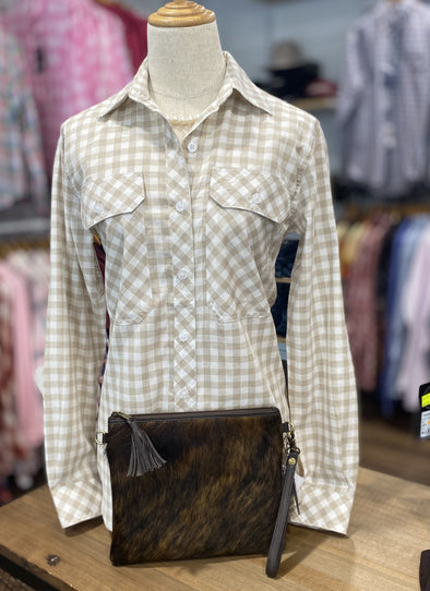 Ladies Just Country Abbey Full Button L/S Shirt - Fawn Check