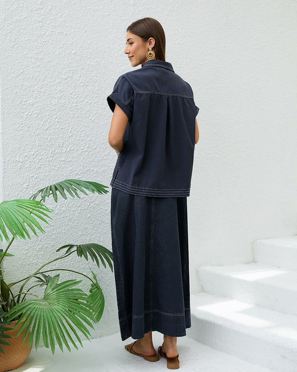 Contrast Stitch Long Denim Skirt