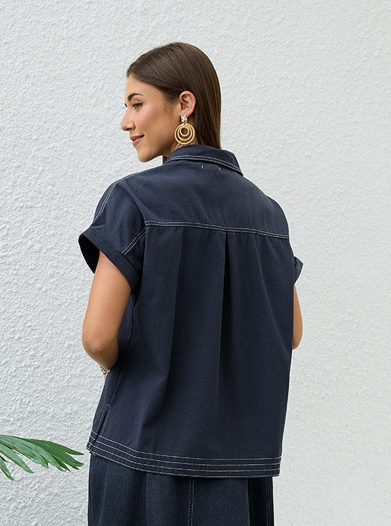 Button Up Contrast Stitching Soft Denim Blouse