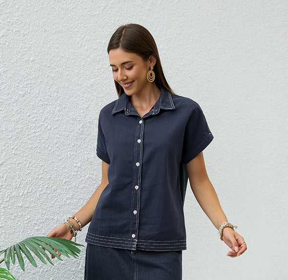 Button Up Contrast Stitching Soft Denim Blouse