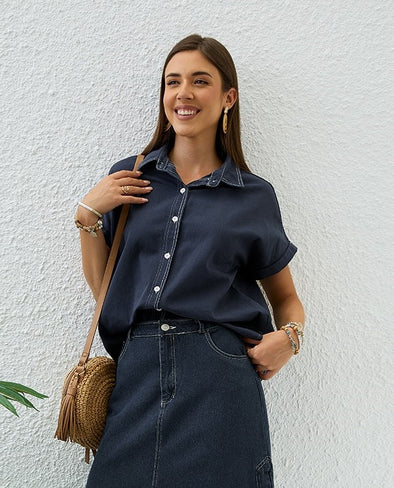 Button Up Contrast Stitching Soft Denim Blouse