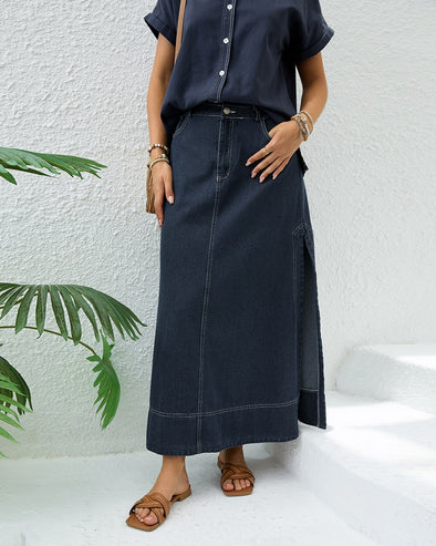 Contrast Stitch Long Denim Skirt