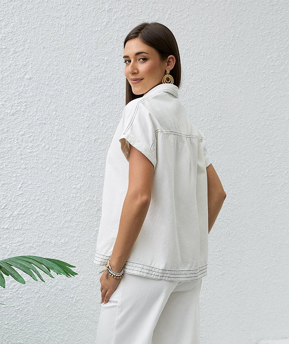 Button Up Contrast Stitching Soft Denim Blouse