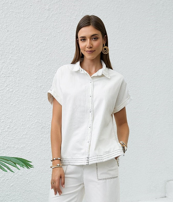 Button Up Contrast Stitching Soft Denim Blouse