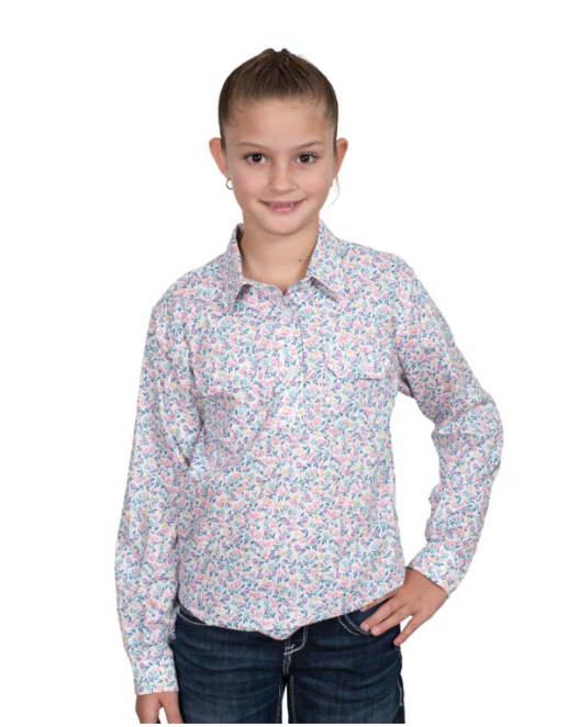 Just Country Girl's Harper Half Button Print Workshirt - White Tulips