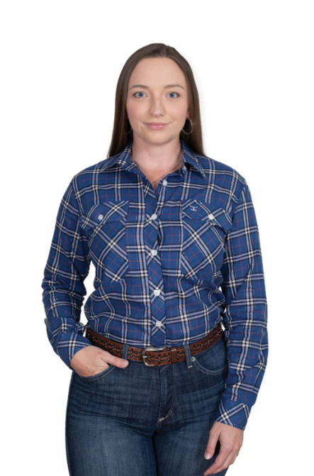Just Country Ladies Abbey Full Button L.S Print Workshirt - Cobalt Lurex Plaid
