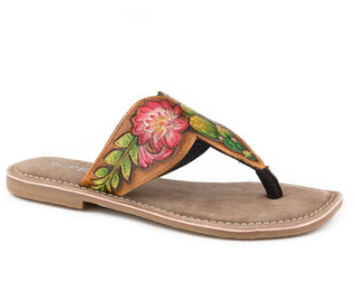 Roper Ladies Juliet Tooled Floral Leather Sandal - Tan