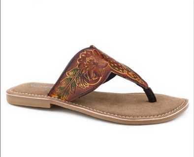 Roper Ladies Juliet Brown Floral Tooled Leather Sandal - Brown