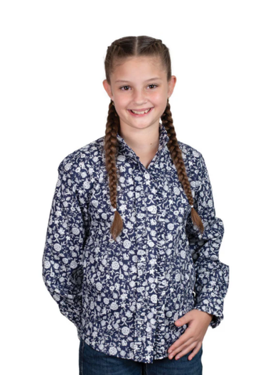 Just Country Girl's Gracie Frills Full Button L.S Work Shirt - Navy Floral