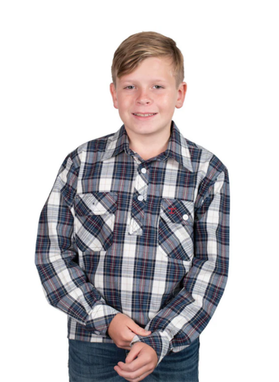 Just Country Boy's Brayden 1/2 Button L.S Work Shirt - Navy/Red Plaid