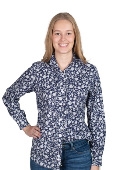 Just Country Ladies Abbey Frills Full Button L.S Work Shirt - Navy Floral