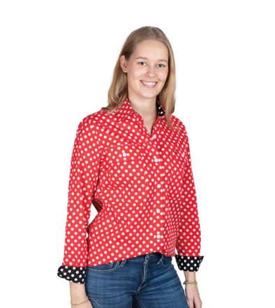 Just Ladies Abbey Full Button L.S Work Shirt - Red Polka Dots/Black Polka Dots