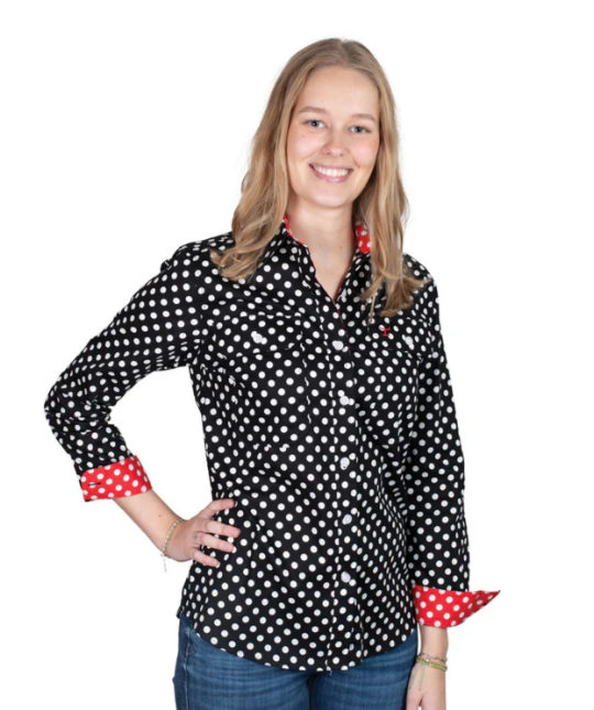 Just Country Ladies Abbey Full Button L.S Work Shirt - Black Polka Dots/Red Polka Dots