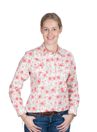 Just Country Ladies Georgie 1/2 Button L.S Work Shirt - White Gerberas/Rose
