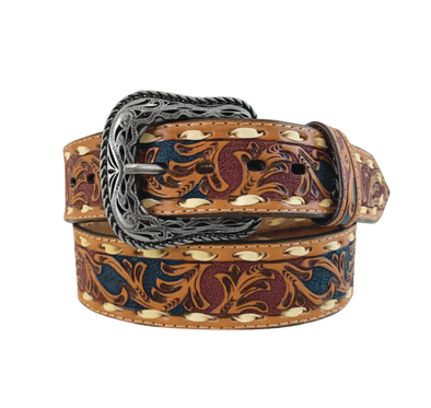 Roper Men's Western Leather Belt - Hand Painted Floral with Lacing