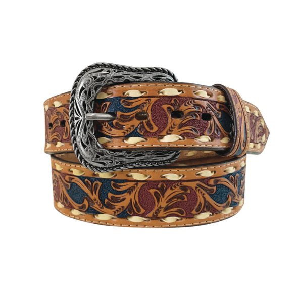 Roper Men's Western Leather Belt - Hand Painted Floral with Lacing