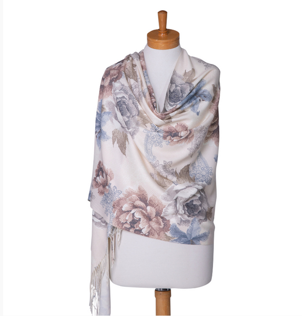 Floral Print Fringed Scarf by Taylor Hill - Cream