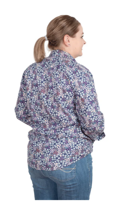 Just Country Ladies Georgie Half Button L/S Workshirt - Navy Babies Breath/ Orchid